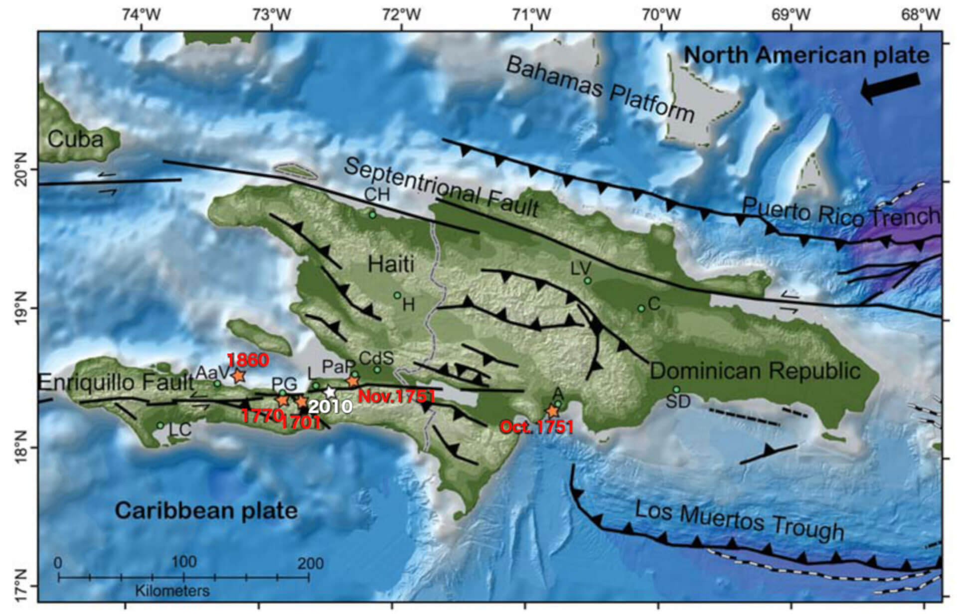 USGS-Karte mit Relief und Störungszonen