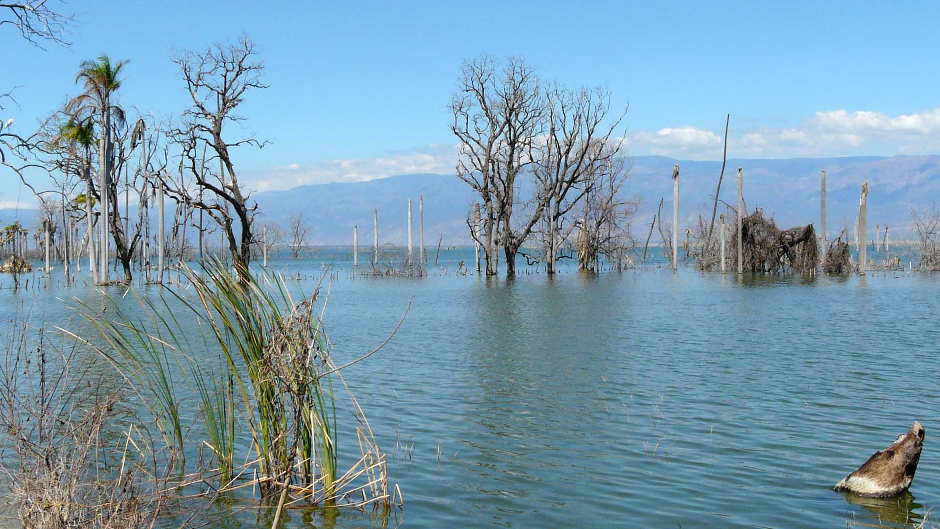 Weiter Blick über den Lago Enriquillo mit Bergen und Wolken